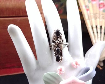 Vintage 70s onyx ring sterling silver