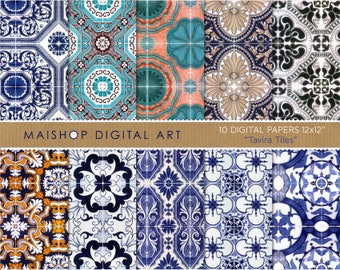 Digital Paper 'Tavira Tiles' Printable Scrapbooking Papers Portugal Azulejos for Paper Crafts, Decoupage, Cards, Invitations...