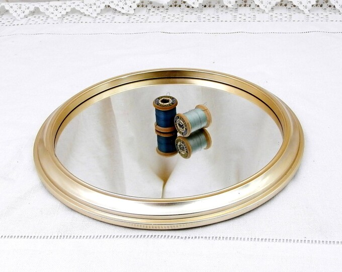 Vintage Round Mirrored Tray with Anodized Gold Rim, Retro Upcycled Wall Hanging Mirror, French Brocante Chic Decor, 1960s Vanity Accessory