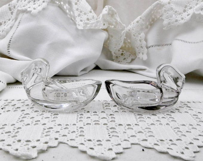 Vintage Glass Duck Salt and Pepper Serving Vessels Glass Spoon with Wooden and Metal Tray From France, French Salt N Pepper Tableware