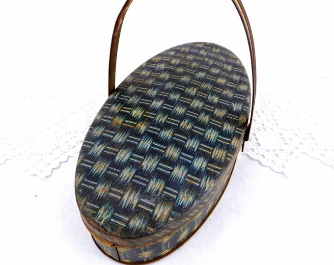 Vintage French Metal Cookie / Biscuits Tin with Handle in the Shape of a Woven Basket in Teal Blue, French Bonbon Box, Brocante Decor