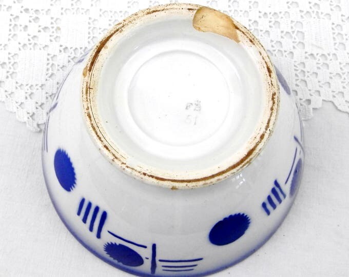 Antique Blue and White Art Deco Coffee Bowl from France, French Farmhouse Ceramic Café au Lait Bowl, Country Cottage Kitchen Latte Bowl