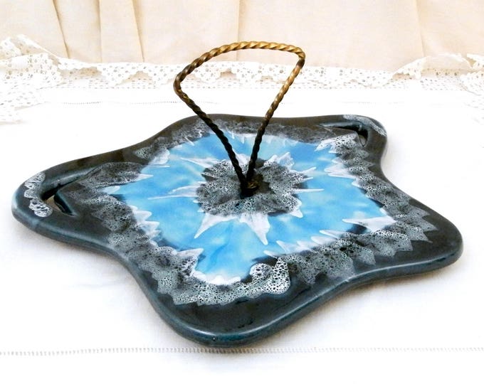 Vintage French Vallauris Mid Century Blue Glaze Cheese Platter, Retro Serving Plate with Blue Lava Style Glaze From France Cote D'Azur