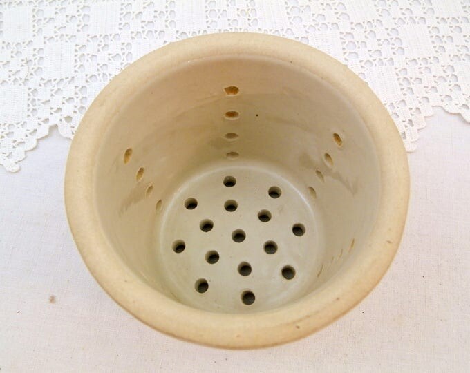 Antique French White Glazed Ceramic Cheese Strainer Pot, Stoneware Faisselle Drainer Vessel from France, Farmhouse Cottage Kitchen Decor
