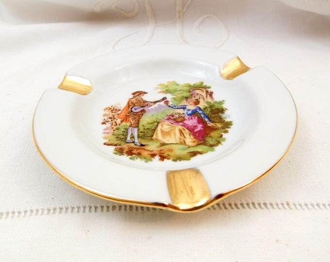 Vintage French Limoges Porcelain D'Art Ceramic Ashtray with Romantic Scene, White Gold Glaze, Bone China Ash Tray from France, Trinket Bowl Vintage French Limoges Porcelain D'Art Ceramic Ashtray with Romantic Scene, White Gold Glaze, Bone China Ash Tray from France, Trinket Bowl