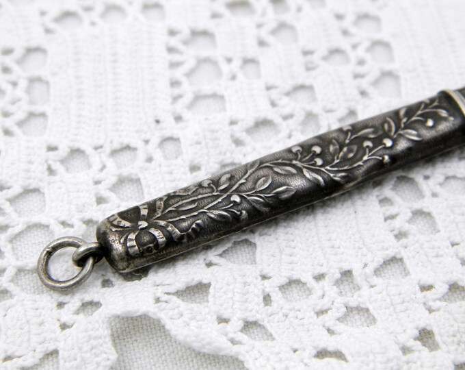 Antique French Silver Pendant Pencil Holder, Precious Metal Pen Case for a Necklace, Victorian Novelty Jewelry with Cherry Pattern