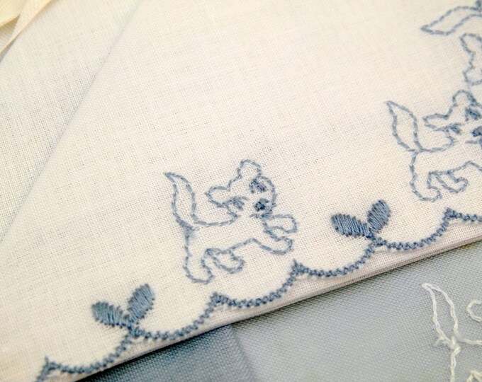 Vintage Unused Boxed of 2 Blue and White Handkerchiefs Embroidered with Puppy Dogs Made in Switzerland by Alba, Swiss Hankies