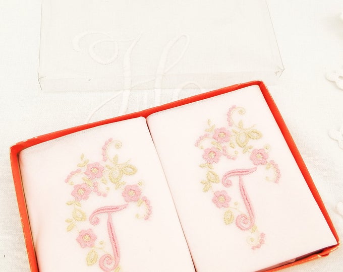 Vintage Unused Box of 2 Pink Cotton Handkerchiefs Embroidered with Monogram J and Flowers Made in Switzerland, Swiss Made Hankies