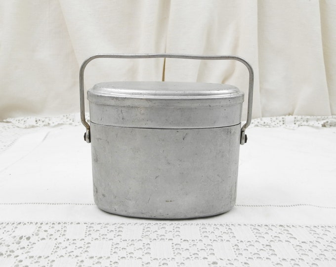 Vintage French Oval White Metal Handled Lunch Pail with Separate Compartment, Meal Container from France, Brocante Industrial Decor