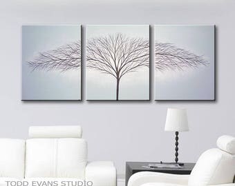 Paintings Canvas Art Home decor 3 piece Wall Art Original Painting Minimalist decor Gray Paintings Blue Tint 48x20