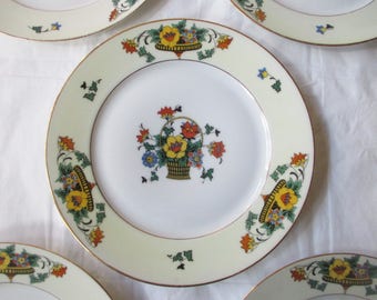 Set of 5 Bohemia Ceramics 7.5" Salad / Dessert Plates, 1930s Art Deco Flowers Czecho-Slovakia