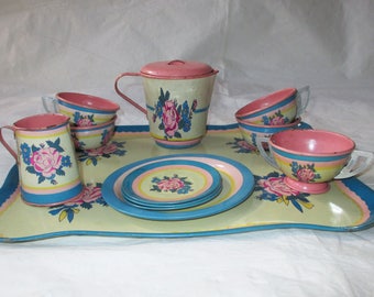 Ohio Art Co Tin Toy Tea Set, 13 pcs, Pink Roses, Blue & Yellow Borders (c. 1930s)