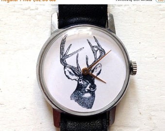 ON SALE Mens watch ,Russian watch , Soviet watch ,Mechanical watch ,black white watch,classic watch, Santa's reindeer "Victory"