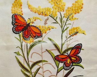 Vintage Paragon Crewel Embroidery Kit Nature's Blossom, Goldenrod Flowers Monarch Butterflies, Yellow Orange Green Large Size 18" x 24"