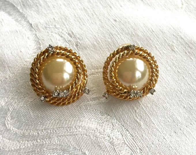 Joan Rivers Earrings, Baroque Pearl Earrings, Gold Tone Rhinestone, Pierced Earrings