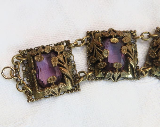 Art Nouveau Czech Bracelet, Floral Filigree, Emerald Cut Amethyst Glass Stones