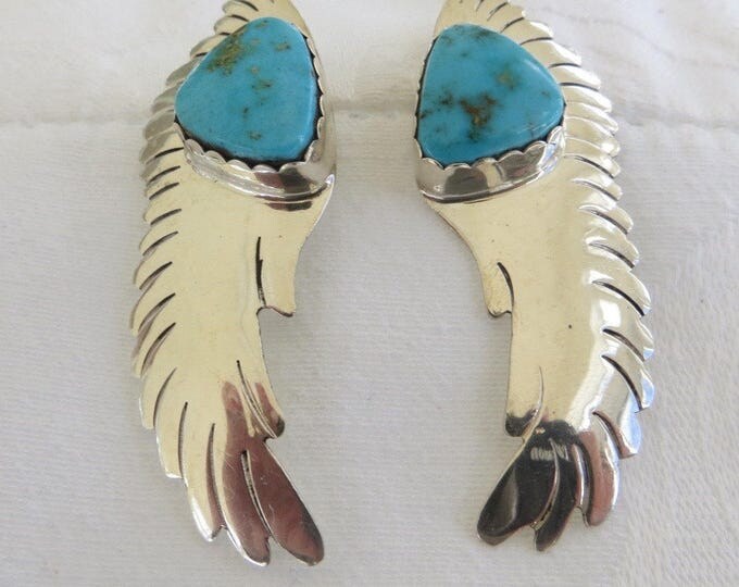 Navajo Sterling Earrings, Turquoise Stones, Signed Navajo Artisan, Ronnie Hurley, Native American Jewelry, Pierced Earrings