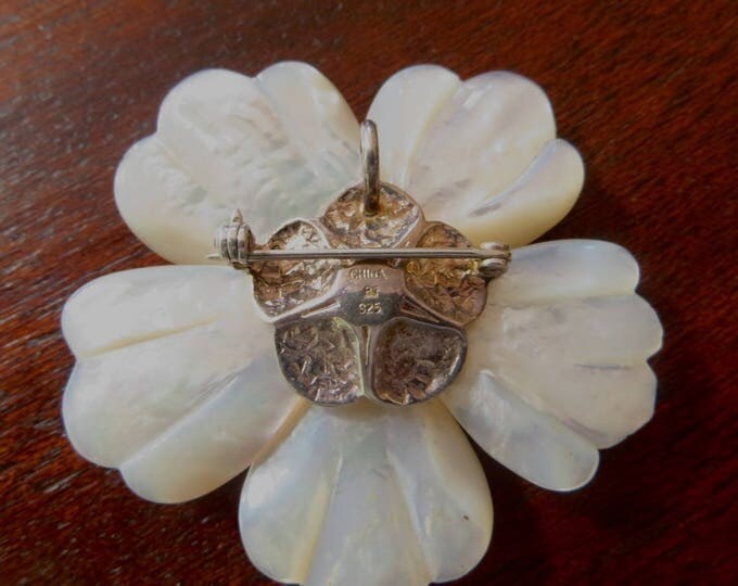 Vintage Mother of Pearl Floral Brooch, Sterling Silver Flower Pendant, Floral Jewelry