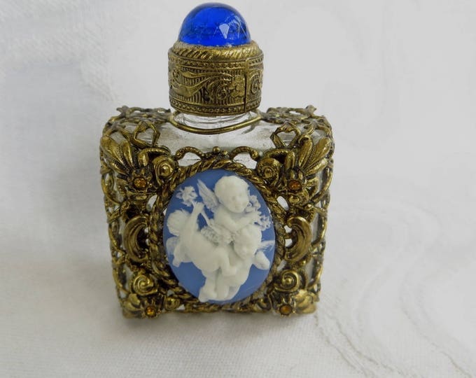 Mini Perfume Bottle, Filigree Casing, Cherub Cameo Front, Cobalt Cabochon Lid, Vintage Perfume Holder