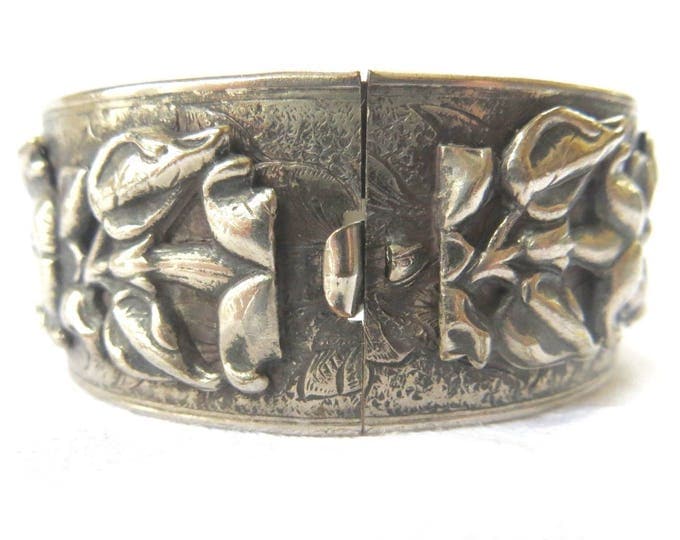 Art Nouveau Bangle Bracelet, Silver Raised Relief Floral Design, Pressed Metal Base, Hinged Bangle Bracelet, Art Nouveau Jewelry