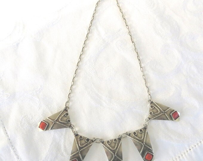 Vintage Art Deco Necklace, Egyptian Revival, Silver and Coral Necklace, Art Deco Jewelry, Egyptian Bib Necklace, Vintage Egyptian Jewelry