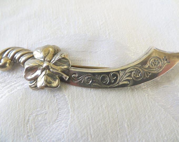 Vintage Scimitar Sword Brooch, Signed Beau Sterling Silver Pin, Silver Sword, Etched Blade