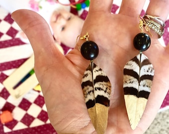 Handpainted Gold Feather Earrings with Vinage Black Beads