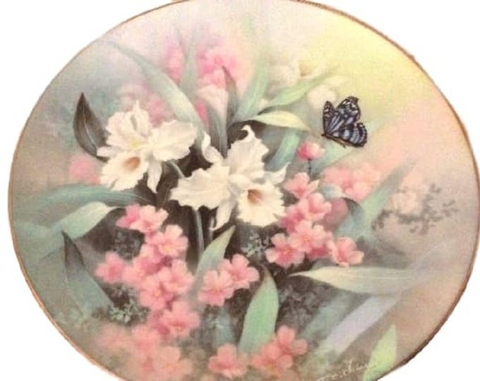 Floral Home Decor Porcelain Plate, Decorative Plate, Knowles, Vintage Wall Hanging Plate, Sapphire Wings, Jewels of the Flowers Collection