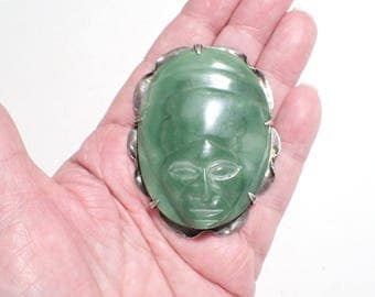 Sterling Silver and Chrysoprase Aztec Tribal Face Mexico Figural Brooch