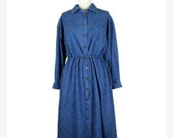 ON SALE Vintage Denim Long Sleeve Button down Casual Dress from 90's/Eddie bauer*