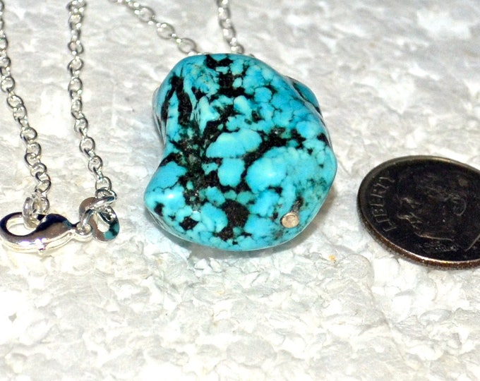 Turquoise Nugget Pendant, 24x18mm Nuget, Natural, Simple "O" Link Chain P743