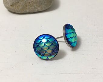 Stainless steel 12mm resin mermaid earrings.