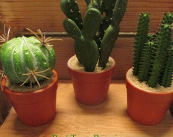 Set of Three Different Artificial Cacti in Miniature Pots - Hand painted pots with Realistic Cactus Collection (Set of Three, as Shown)