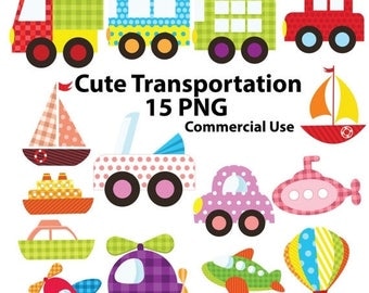 50% SALE Transportation clipart, cute transport, baby shower, polka dots cars, green truck, purple helicopter, airplane clipart, pink submar