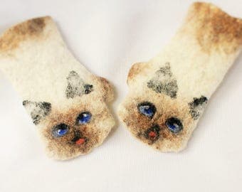 Birman Cats Felted Fingerless Gloves Kitty fingerless mittens Gift for her Eco friendly Norwegian wool Arm Warmers Cat Lover Gift
