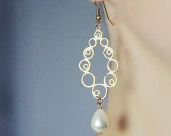 Gold Plated Pearl Earrings Swarovski White Pearl Earrings Pearl Drop Earring Gold Dangle Earring Bohemian Earring Lacy Earrings Long Earring