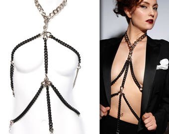 Bondage Body Chain Black Matte Rubber - Cross BDSM Choker Harness - Avantgarde Body Necklace - Body Chain Fetish Glamour - Gothic