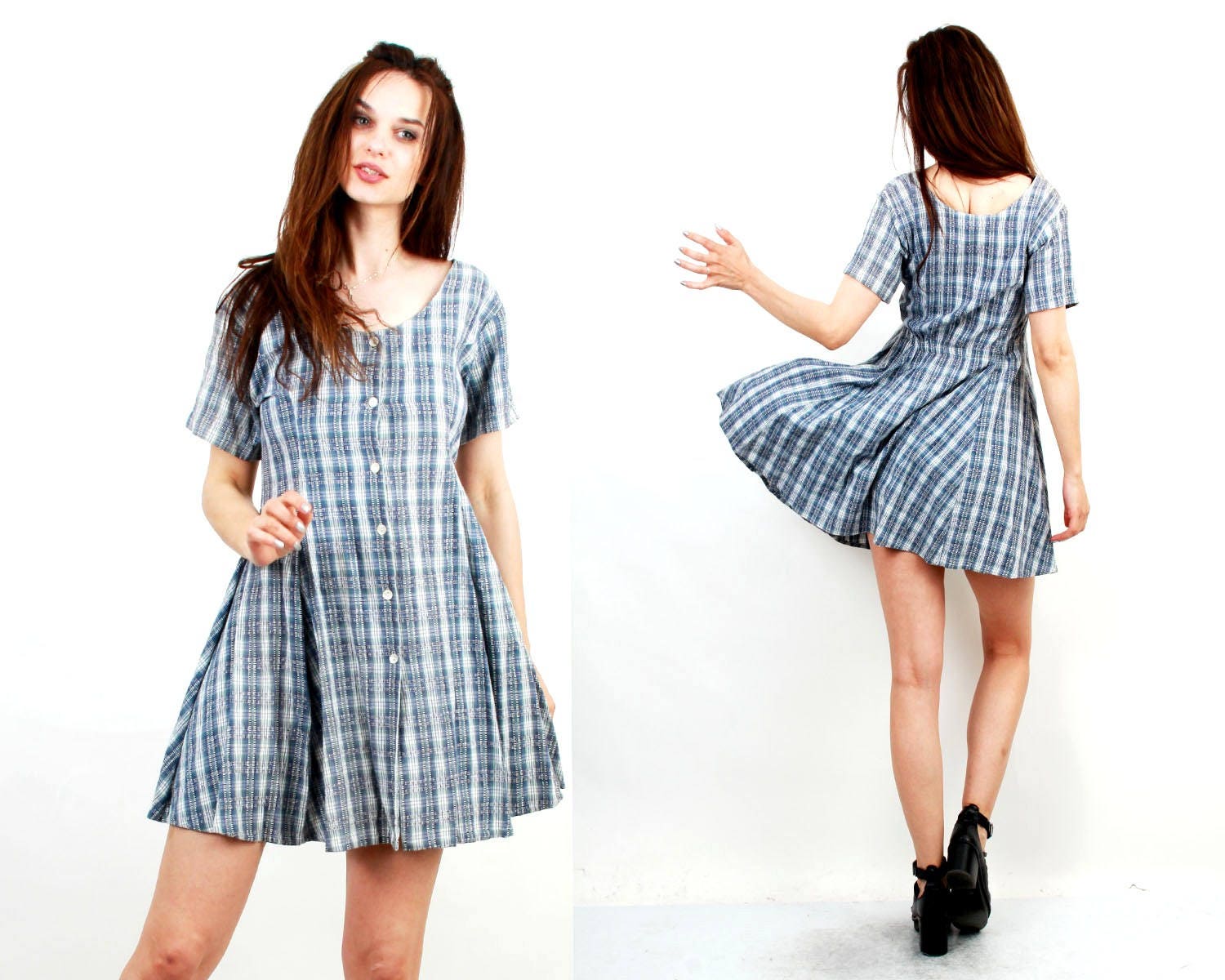 Vintage Cotton Dress / Blue Plaid Dress / Summer Dress / Day
