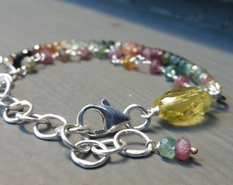 Double Strand Tourmaline Sterling Silver Bracelet, Colorful Stacking Bracelet, High Quality Jewels FREE USA SHIPPING
