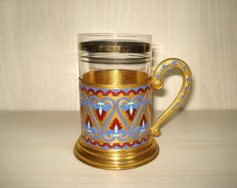 Vintage Old Russian Soviet USSR Enamel Gold Plated Tea Glass Holder, Podstakannik with Glass, Hot Enamel tea holder