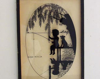 Boy and Dog Going Fishing Handmade Wood Display Silhouette