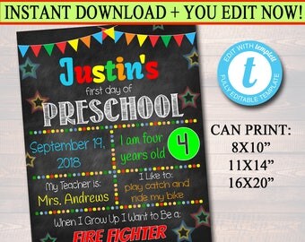 EDITABLE Boy Preschool Back to School Photo Prop, Back to School Chalkboard Poster, Personalized School Chalkboard Sign, 1st Day of School