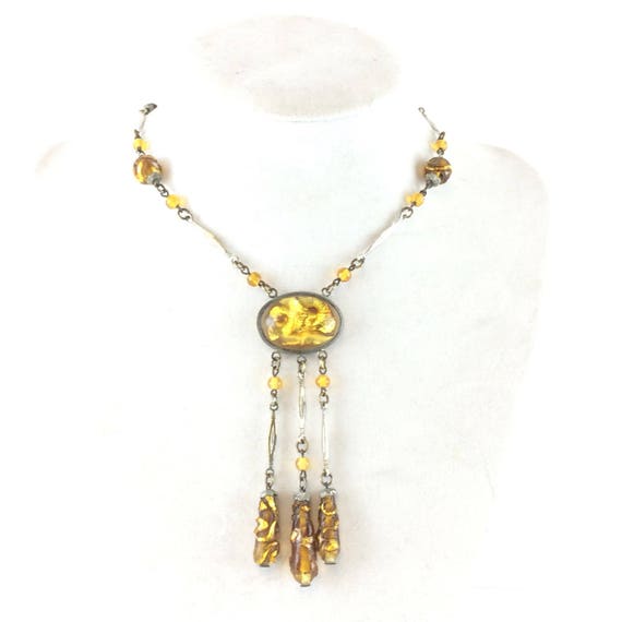 Vintage Czech Glass Necklace Art Deco Yellow Citrine Foil Art Glass Drop Pendant Necklace Antique Estate Jewelry Wedding Bridal Necklace