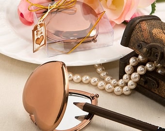 Vintage Copper Heart Compact Mirror - Heart Compact Mirrors - Bridal Shower Favors - Copper Finish Mirror Compact - Wedding Favors (5960)