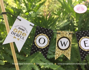 Mr. Wonderful Party Pennant Cake Banner Topper Flag Onederful Black Gold White Polka Dot Happy Birthday Boogie Bear Invitations Owen Theme