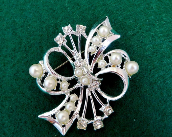 Vintage Faux Pearl Rhinestone Brooch, Corsage Brooch, Silvertone Flower Pin, 1960s Jewelry, Gift for Her