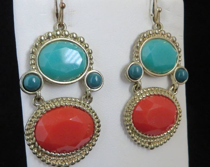 Faux Turquoise, Coral Earrings, Vintage Boho Dangling Earrings, Pierced Beaded Dangles, Hippie Jewelry