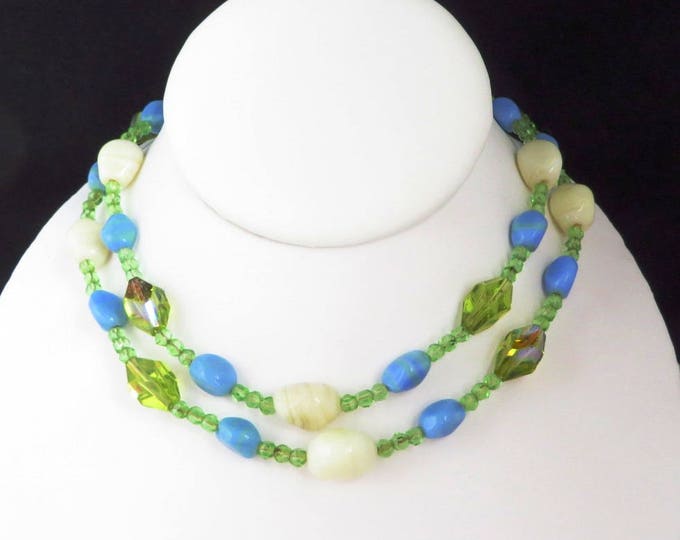 Signed Hattie Carnegie Necklace | Vintage Art Glass | Cream Blue Green Glass Beaded Necklace