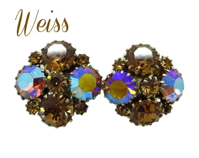 Rhinestone Cluster Earrings, Vintage Weiss Cognac Rhinestone Earrings, Cluster Clip-on Earrings, Gift for Her