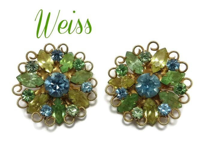 Weiss Flower Rhinestone Earrings, Vintage Green Yellow Blue Earrings, Signed Weiss Jewelry